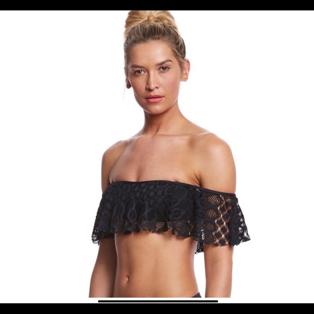 Kenneth Cole Crochet Off Shoulder Bandeau Swim Top M Black